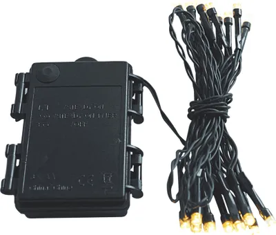 A black battery pack and a bundle of black wires with yellow LED lights.