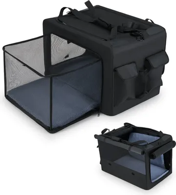 A black foldable pet carrier is shown in two configurations: fully expanded with a mesh extension and collapsed.