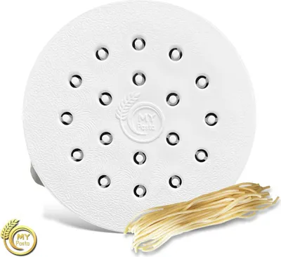A white pasta maker disc with multiple holes and a small bundle of uncooked spaghetti in front of it. There is a small logo on the disc.