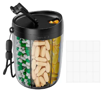 Productafbeelding van Tablettenbox met 6 compartimenten, medicijnbox met 5+1 extra groot compartiment voor onderweg, zwart