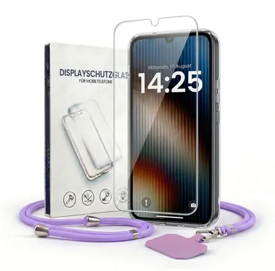 Produktbild von Handyhülle für Samsung Galaxy A25 5G mit Handykette und 9H Displayglas Displayschutz Band in Lila Violett Kordel Hülle Case Schutzhülle Transparent