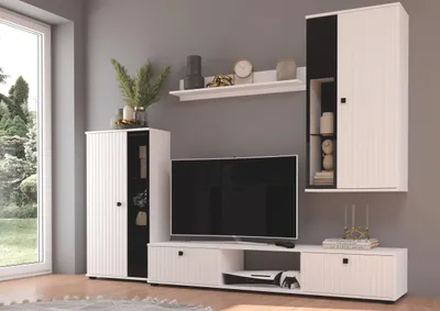 Produktbild von Wohnwand Salsa 2 Lamellenoptik Anbauwand Schrankwand MDF Weiss matt