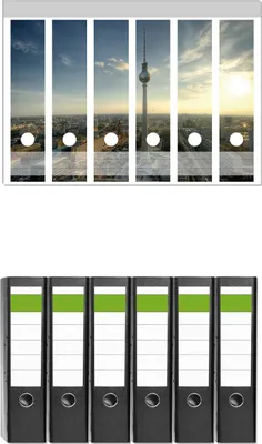 Produktbild von Wallario 6 Stück breite Ordner inkl. Klebeetiketten mit Motive Fernsehturm Berlin mit Panoramablick über die Stadt -  Set mit Rückenschildern / Ordnerrücken Stickern