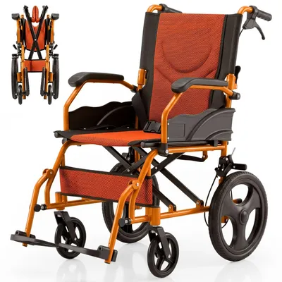 Produktbild von Rollstuhl faltbar Zwei Bremssysteme Sitz 46 cm Klappbare Rückenlehne Aluminium Faltrollstuhl Orange Pirámide Mobiclinic