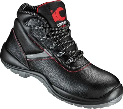 A black work boot with red stitching and laces, shown against a white background.