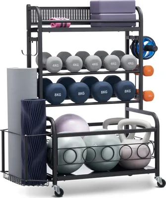 A multi-tiered storage rack filled with various fitness equipment, including dumbbells, kettlebells, yoga blocks, and a foam roller.