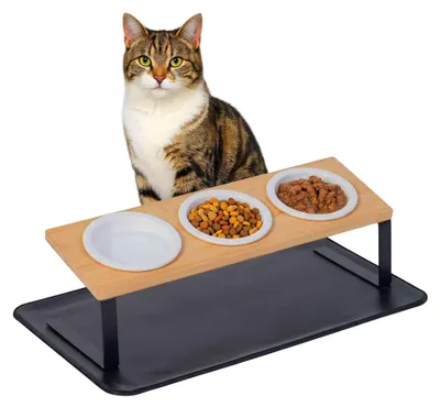 Produktbild von Erhöhtes Katzennapf-Set - Bambusständer, Keramiknäpfe, Matte