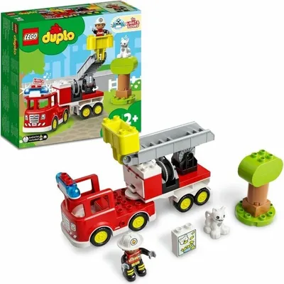 Image de LEGO 10969 DUPLO Town Camion de pompiers, jouet éducatif pour les jeunes enfants de 2 ans et plus, set avec gyrophare et sirène, pompier et chat, pour filles et garçons