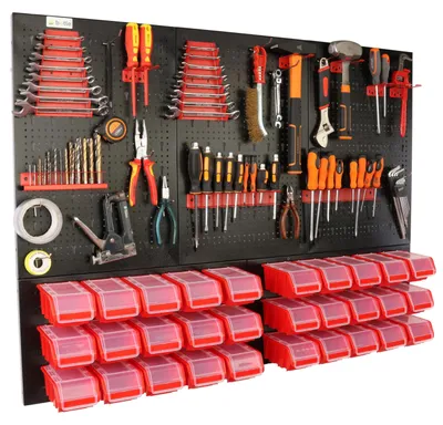 Immagine prodotto di Tavolo portattrezzi - Organizer per officina con contenitori - 120 x 90 cm - 30 contenitori - Pieghevole - Metallo - Rosso