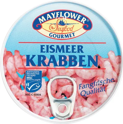 A top-down view of a can of Mayflower Seafood Gourmet Eismeer Krabben (Arctic Krabben).