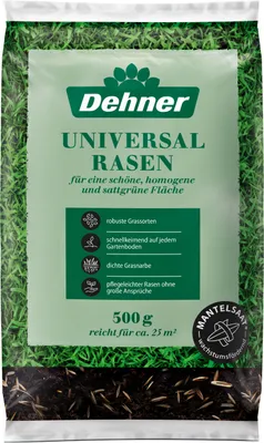 Produktbild von Dehner Saatgut Universalrasen, hochwertige Rasensamen für dichten und sattgrünen Rasen, schnell keimend / pflegeleicht / robust, ideal für Nachsaat und Neuanlage, 500 g, für ca. 25 m²