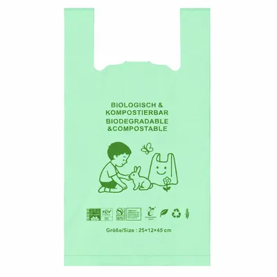 Produktbild von Kompostierbare Hemdchentragetaschen aus Maisstärke 25+12x45 cm 20 µm Grün – 2000 Stück Karton – RyanPack, KI-generiertes Bild
