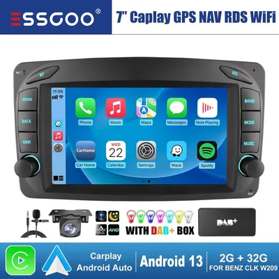 Obrázok produktu pre Android autorádio, 7 palcov, 2 DIN, s DAB+ GPS navigáciou, Carplay, dotykovým displejom, Bluetooth handsfree, cúvacou kamerou, 2 GB RAM a 32 GB úložiskom, určené pre Mercedes C