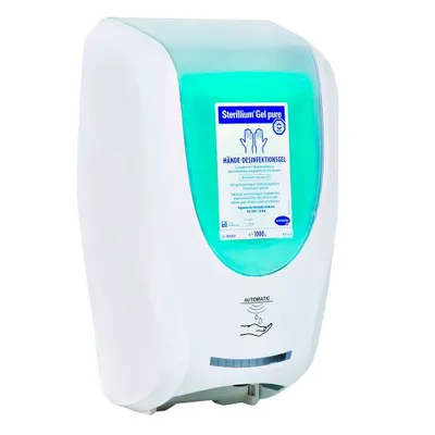 A white automatic hand sanitizer dispenser with a clear green liquid inside, shown against a white background.