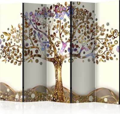 A decorative room divider with a golden tree design.