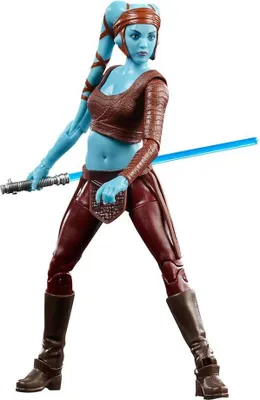 A Star Wars action figure of a Twi'lek character holding a lightsaber.