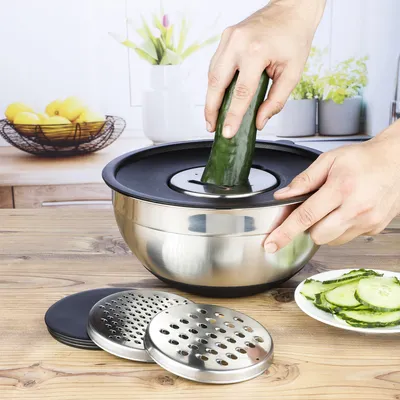 Produktbild von HI Salatschüssel mit Deckel und 3 Reiben Edelstahl