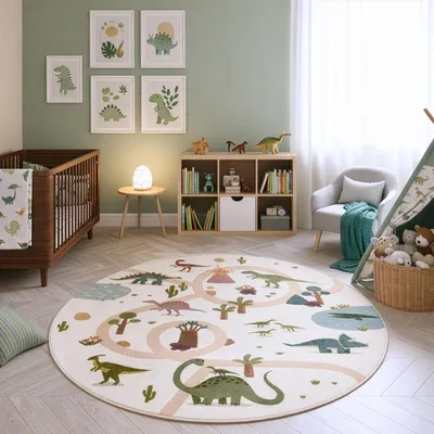 Produktbild von Carpetsale24 Kinderteppich Dinosaurier Spielteppich rund 200 cm für Kinderzimmer in Creme Dino Motiv ideal für große Spielflächen
