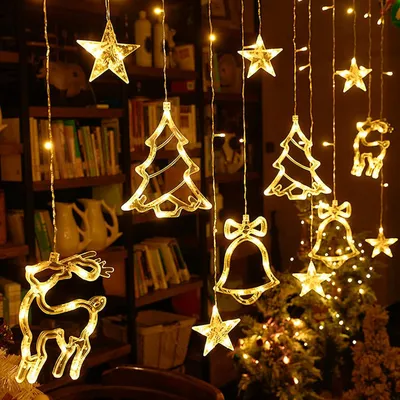 Image de Guirlande lumineuse LED LARS360, modèle rideau, 138 LED, lumière blanche chaude, éclairage de Noël avec motifs d'étoiles, de cerfs, de sapins de Noël et de cloches, 8 modes d'éclairage, fonction mémoire, basse tension 31 V