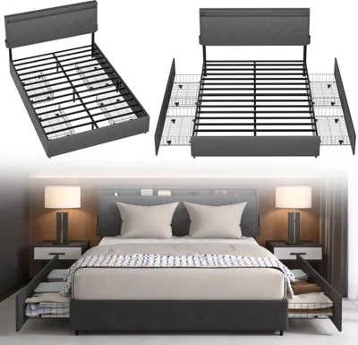 Produktbild von FIVMEN Polsterbett 140x200 cm mit Stauraum,Doppelbett mit 4 Schubladen,Metallbett Bettrahmen aus Metall,Modern Jugendbett mit Gestell für Schlafzimmer Gästezimmer,Dunkelgrau