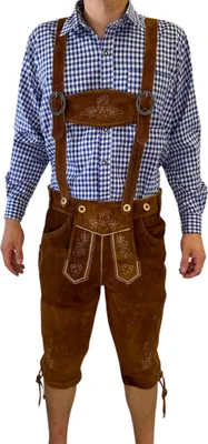 Produktbild von Premium Deluxe Lederhose Herren Tracht Kneelength Trachtenhose Herren Traditional Lederhose Mit Riemen für Herren Oktoberfest Hose Mittelbraun, Größe: 50 Farbe: Braun