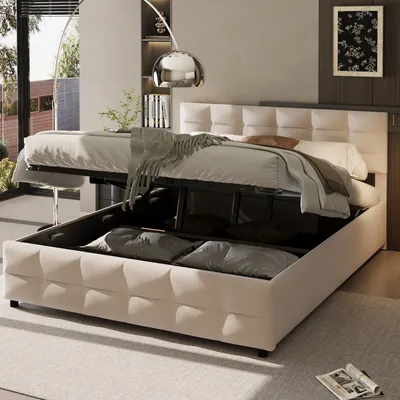 A bedroom scene with a bed that has storage underneath.
