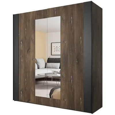 Produktbild von Kleiderschrank mit Schließdämpfung SOLMS-83 in Flagstaf Eiche dunkel Nb. mit silbernen Applikationen / schwarz, B/H/T: ca. 200/213/64 cm