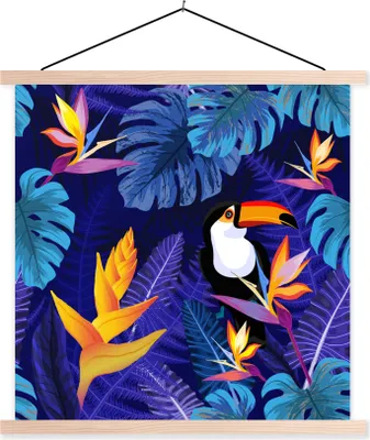 Produktbild von MuchoWow® Textilposter Dschungel - Tukan - Blumen - Pflanzen - Kinder - Lila - Tiere 120x120 cm mit holzfarbenen Rahmen - Textil-Poster