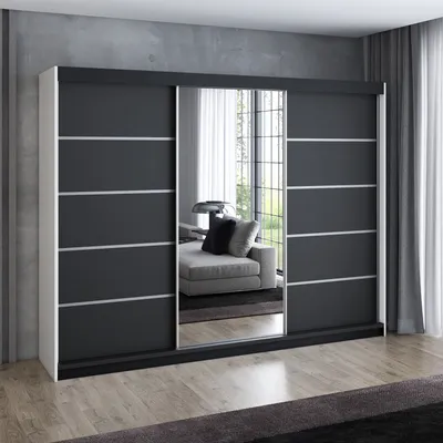 Produktbild von Schwebetürenschrank 200 cm, 3-türig, mit Spiegel & 4 Schubladen, Retro-Stil, modern, in Weiß/Schwarz/Sonoma – Kleiderschrank Velturo 3