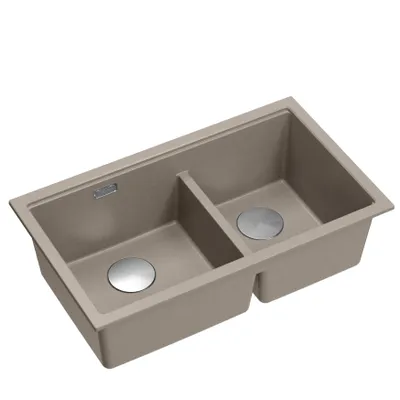 Produktbild von QUADRON Spülbecken 2-Becken Spüle | Größe: 78 x 50 x 23,5 cm | LOGAN 120 | Küchenspüle Granitspüle aus GraniteQ mit Siphon | Beige + Stahl PVD