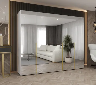 Obrázok produktu pre Zrkadlová šatníková skriňa 250 cm BUGRA - biela / zlatá