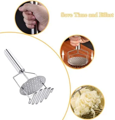 Productafbeelding van Ibenzoa® aardappelstamper van roestvrij staal met ergonomische handgreep, dubbele constructie en terugslagveer – met lange handgreep, vaatwasmachinebestendig, geschikt voor aardappelen en babyvoeding