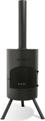 Produktbild von BonFeu BonTon 40 Schwarz - Terrassenofen - Feuerstelle mit Funkenschutz für entspannte Abende  - Feuersäule Outdoor - Terrassenkamin mit Grillrost - Gartenofen aus hochwertigem Cortenstahl - L 40 x B 40 x H 145 cm
