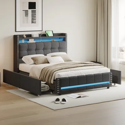 Produktbild von Flieks Polsterbett 140x200cm mit Ladefunktion (USB&Steckdose), Stauraumbett mit 4 Schubladen, Jugendbett Doppelbett mit LED, Holzbett Leinen, Grau