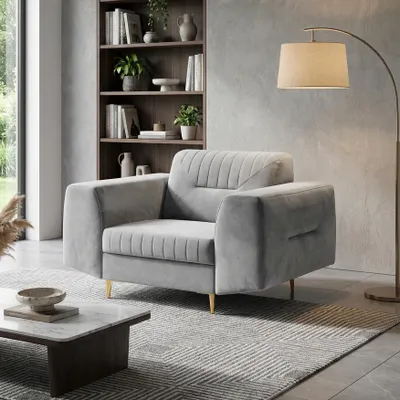 Produktbild von BEAUTYSOFA | Sessel VENEZIA Polstersessel Samtstoff Hellgrau – Moderner Loungesessel mit Metallbeinen Gold, Komfortsessel Wohnzimmer