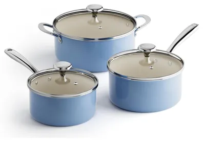 Productafbeelding van Keramische kookpan set, 6-delig, met glazen deksels, inductiegeschikt, blauw, 24 cm / 18 cm / 20 cm, geschikt voor alle soorten fornuizen en ovenbestendig