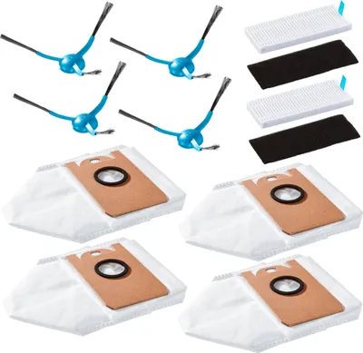 A collection of cleaning accessories for a robot vacuum cleaner, including side brushes, filters, and dust bags.