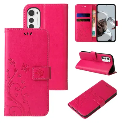 Produktbild von Handyhülle für Motorola Moto E32 Floral Blumen Schmetterling Flip Cover Hülle Case Klapphülle Handytasche Farbe: Pink