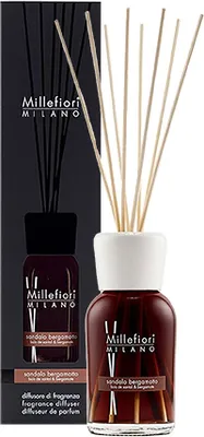A Millefiori Milano fragrance diffuser with sandalo bergamotto scent, shown with its packaging.
