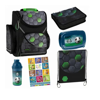 Produktbild von Schulranzen für Jungen und Mädchen, 6er-Set - Schul-Rucksack für Kinder mit Federmäppchen - Trinkflasche und Brotdose - Football Motiv