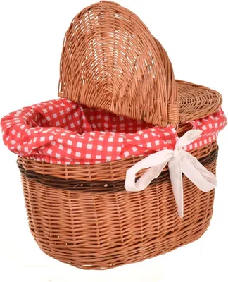 Produktbild von Picknickkorb mit Deckel 40 cm Einkaufskorb Weide mit Henkel & Stoffeinlage Natur ROT