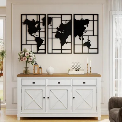 Produktbild von Wanddeko Metall 3 Stück Wanddekoration Weltkarte Wandkunst für Wohnzimmer Schlafzimmer Flur, 50 x 80 cm, Schwarz