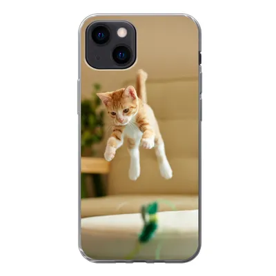 Produktbild von MuchoWow® Handyhülle Schutzhülle Hülle für iPhone 13 mini Katze - Springen - Spielzeug Silikon Softcase Handy Hülle - Softcase