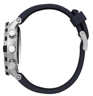 Side view of a smartwatch with a dark blue strap.