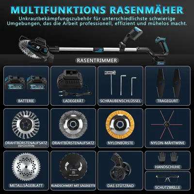 Produktbild von 19tlg-1200W Akku Rasentrimmer, 16800U/min Freischneider mit 2*4.0AH-Akku Teleskop-Stiel Räder Unkrautbürste Bürstenlos Grastrimmer Motorsense f. Rasen