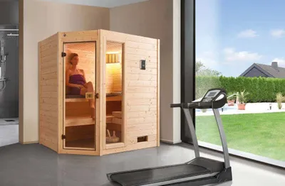 Obrázek produktu pro Finská sauna z masivního dřeva Weka Valida rohová GTF vel.1 vč. 5,4kW kamen a digitálního ovládání s oknem a celoskleněnými dveřmi z čirého skla