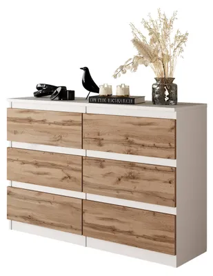 Produktbild von Kommode Weiß Matt / Wotan Eiche mit 6 Schubladen – Modernes Sideboard für Schlafzimmer & Wohnzimmer – Skandinavische Kommode – GABRIEL