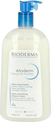A bottle of Bioderma Atoderm shower cream with a pump dispenser.