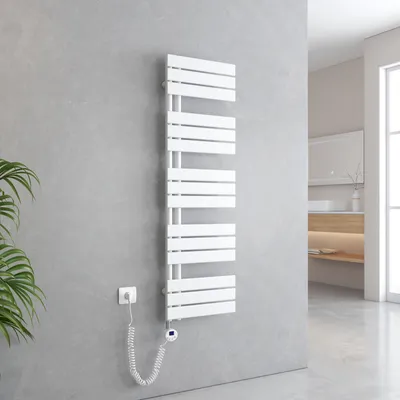 Zdjęcie produktu dla EMKE Suszarka do ręczników Elektryczny asymetryczny grzejnik łazienkowy z termostatem czasowym Podgrzewacz ręczników 1320 x 400 mm Biały grzejnik łazienkowy z prętem grzejnym 600 W