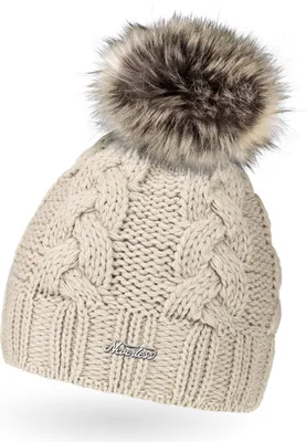 Produktbild von Damen Strick-Mütze gefüttert Fell-Bommel Kunstfell Winter-Mütze Bommelmütze Neverless® hell-beige unisize